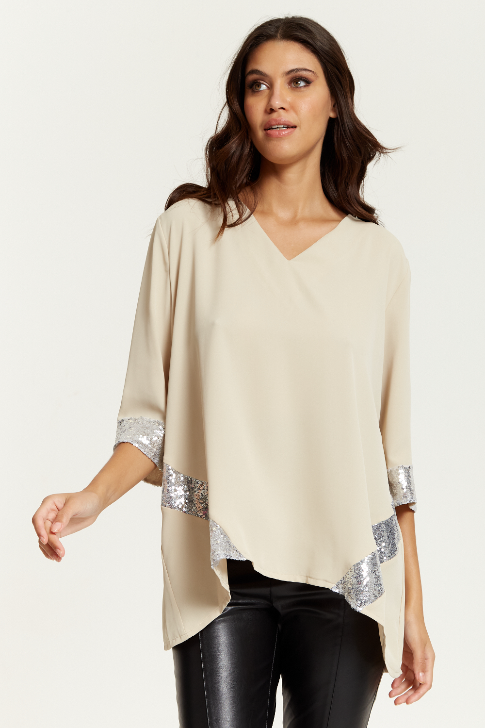 Oversized V Neck Sequin Detailed Satin Top with 3/4 Sleeves in Beige