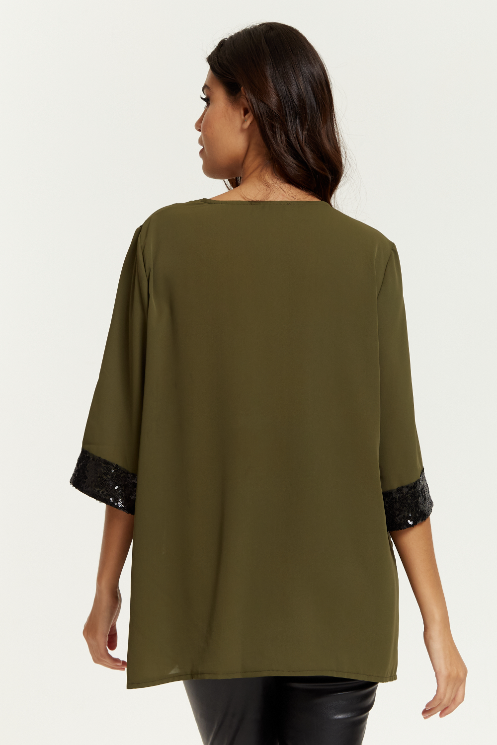 Oversized V Neck Sequin Detailed Satin Top with 3/4 Sleeves in Khaki