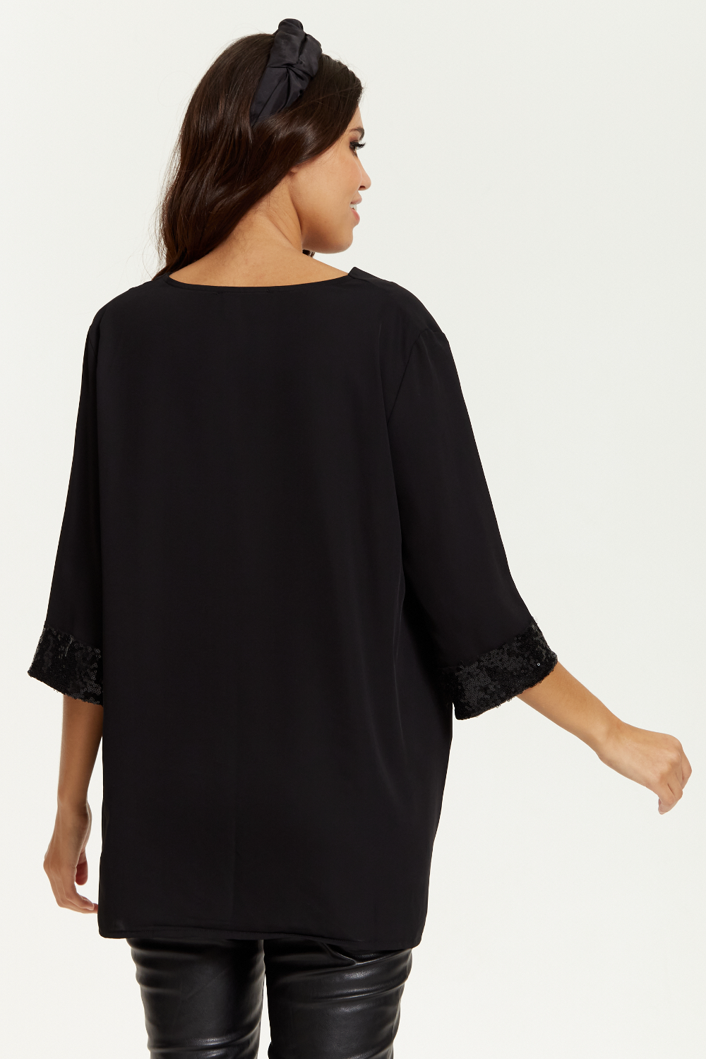 Oversized V Neck Sequin Detailed Satin Top with 3/4 Sleeves in Black