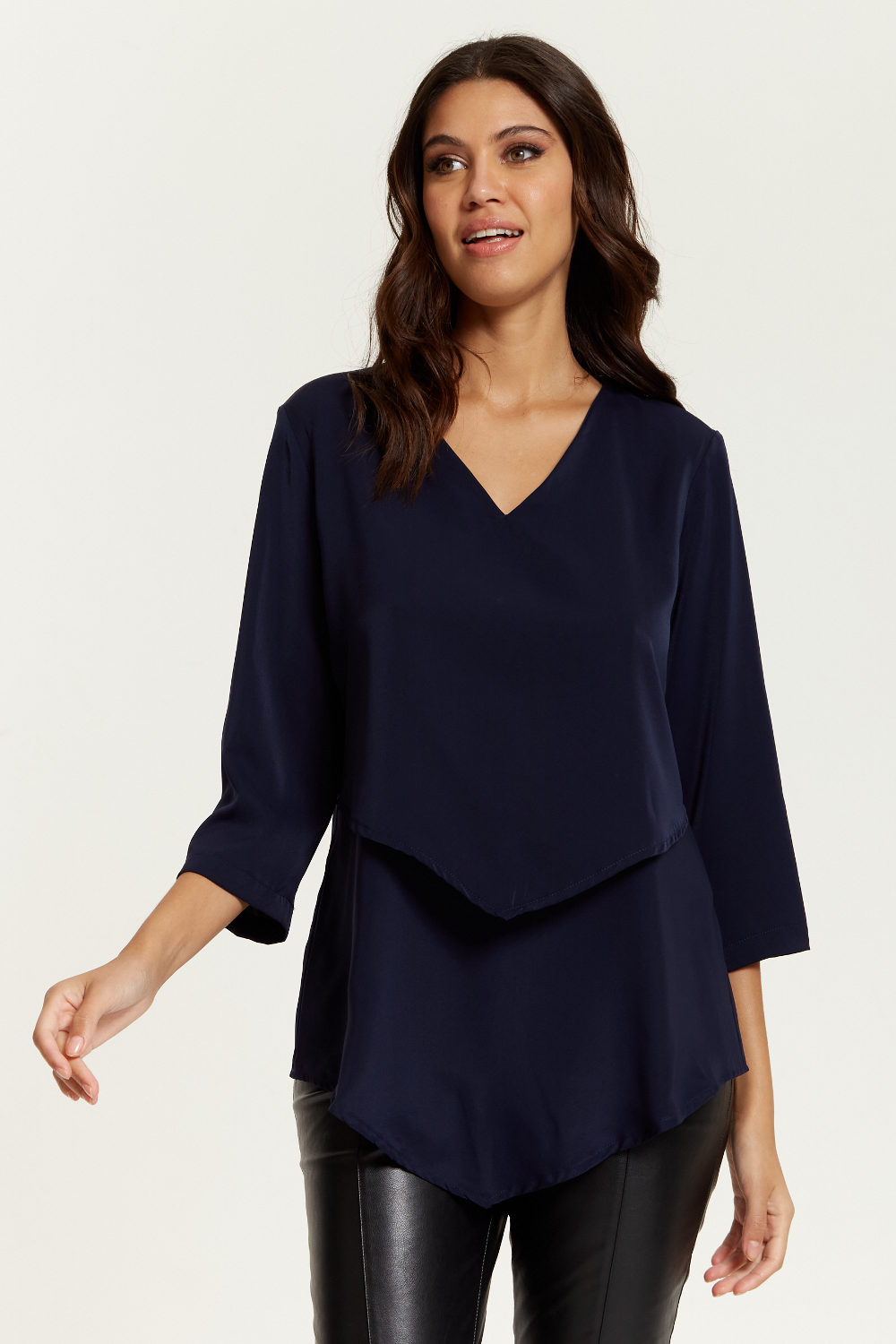3/4 Sleeves V Neck Layered Relaxed Fit Top in Navy