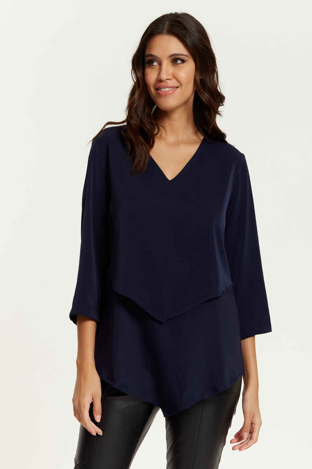 3/4 Sleeves V Neck Layered Relaxed Fit Top in Navy