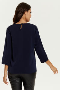 3/4 Sleeves V Neck Layered Relaxed Fit Top in Navy