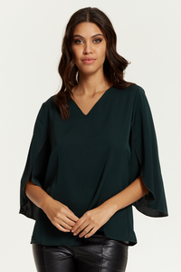 Oversized V Neck Top with Split Sleeves in Bottle Green