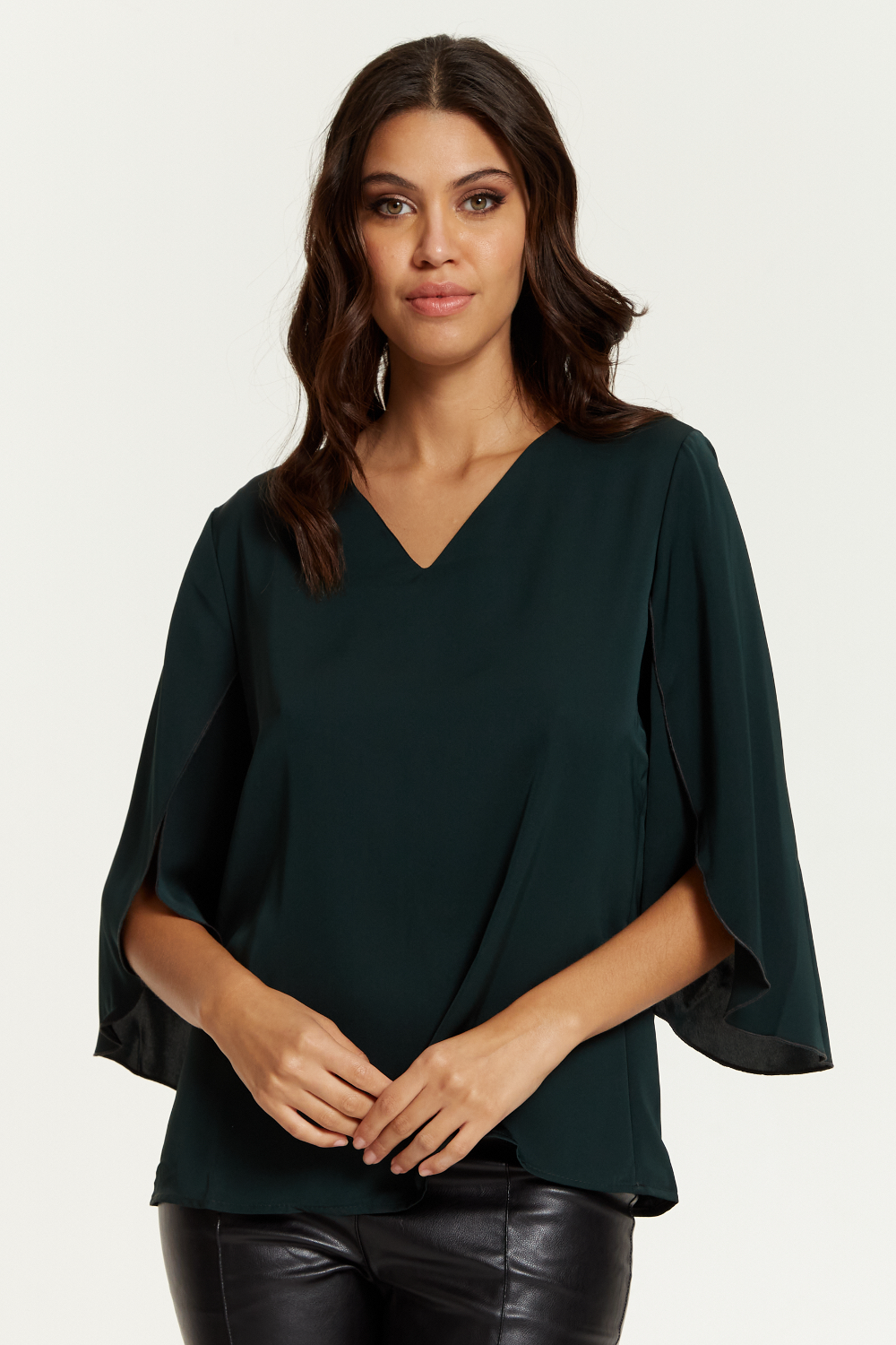 Oversized V Neck Top with Split Sleeves in Bottle Green