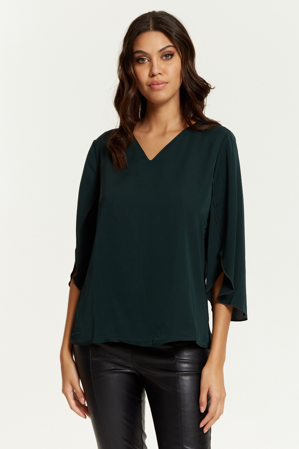 Oversized V Neck Top with Split Sleeves in Bottle Green