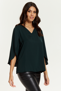 Oversized V Neck Top with Split Sleeves in Bottle Green