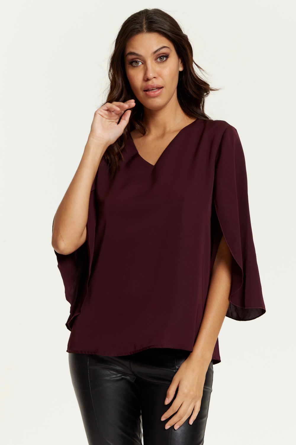 Oversized V Neck Top with Split Sleeves in Burgundy