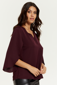 Oversized V Neck Top with Split Sleeves in Burgundy