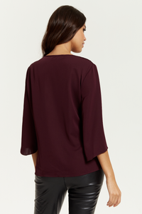 Oversized V Neck Top with Split Sleeves in Burgundy