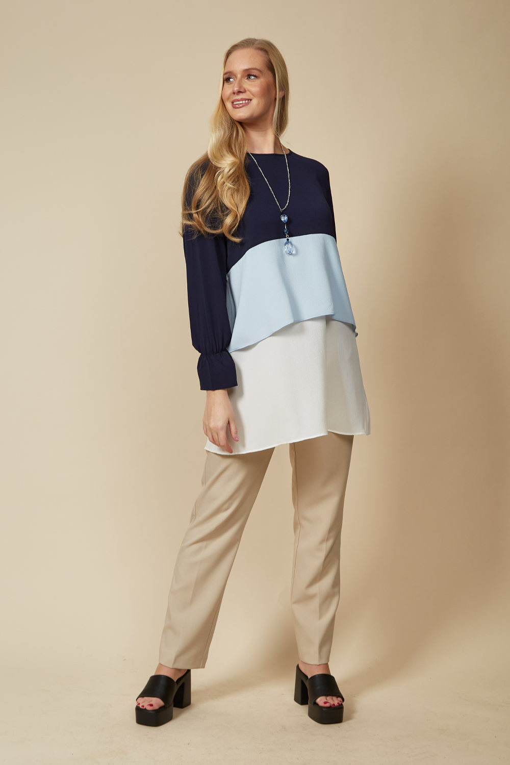 Oversized Colour Block Top in Navy, Blue and White
