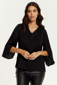 Oversized V Neck Top with Split Sleeves in Black