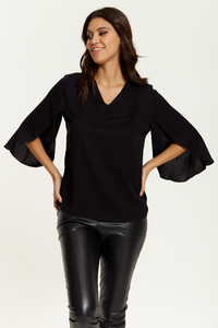 Oversized V Neck Top with Split Sleeves in Black