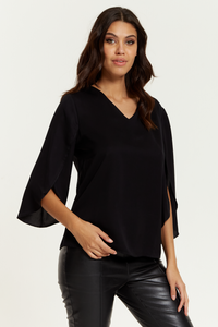 Oversized V Neck Top with Split Sleeves in Black