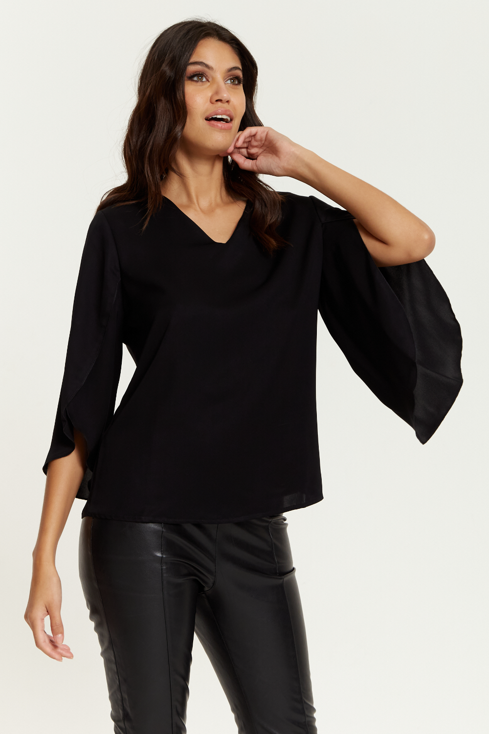 Oversized V Neck Top with Split Sleeves in Black