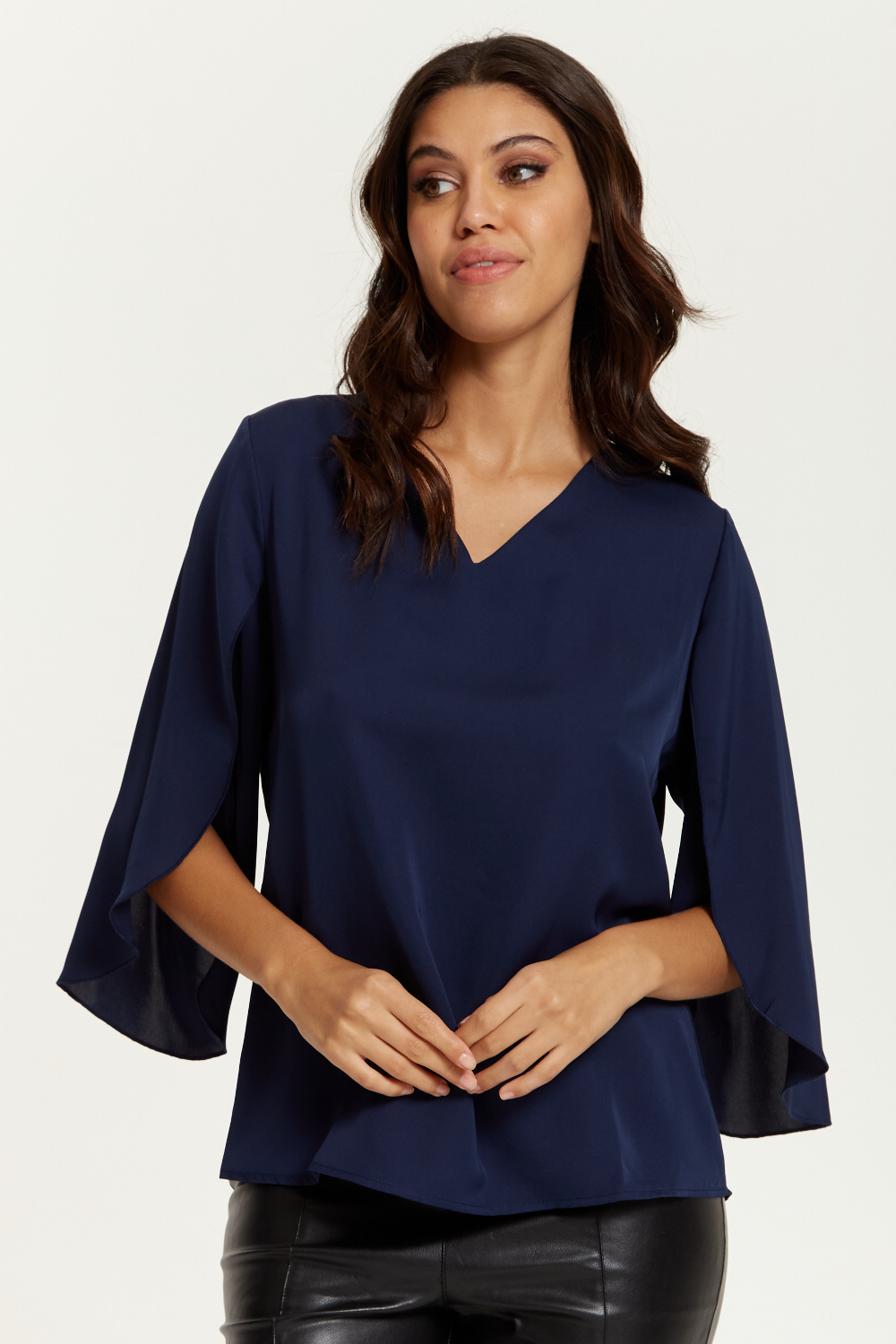 Oversized V Neck Top with Split Sleeves in Navy