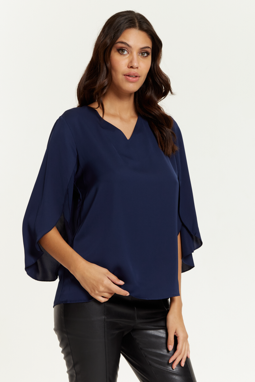 Oversized V Neck Top with Split Sleeves in Navy