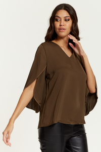 Oversized V Neck Top with Split Sleeves in Khaki