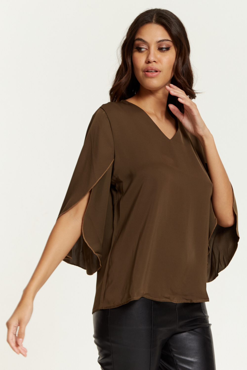 Oversized V Neck Top with Split Sleeves in Khaki