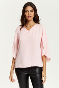 Oversized V Neck Top with Split Sleeves in Pink