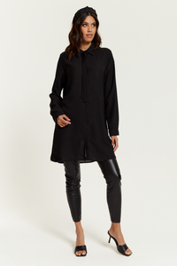Oversized Tie Detailed Shirt Tunic with Long Sleeves in Black