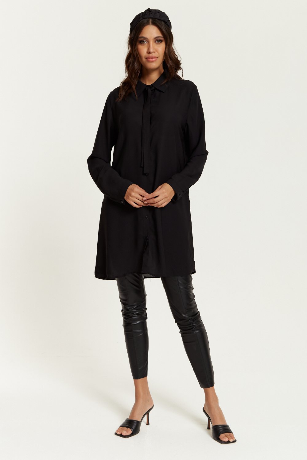 Oversized Tie Detailed Shirt Tunic with Long Sleeves in Black