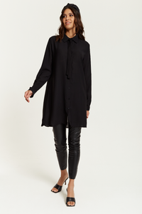 Oversized Tie Detailed Shirt Tunic with Long Sleeves in Black