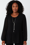 Oversized Long Sleeves Pleated Top with Tulle Details in Black with Necklace