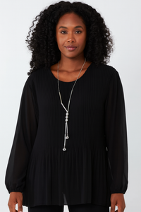Oversized Long Sleeves Pleated Top with Tulle Details in Black with Necklace
