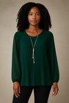 Oversized Long Sleeves Pleated Top with Tulle Details in Green with Necklace