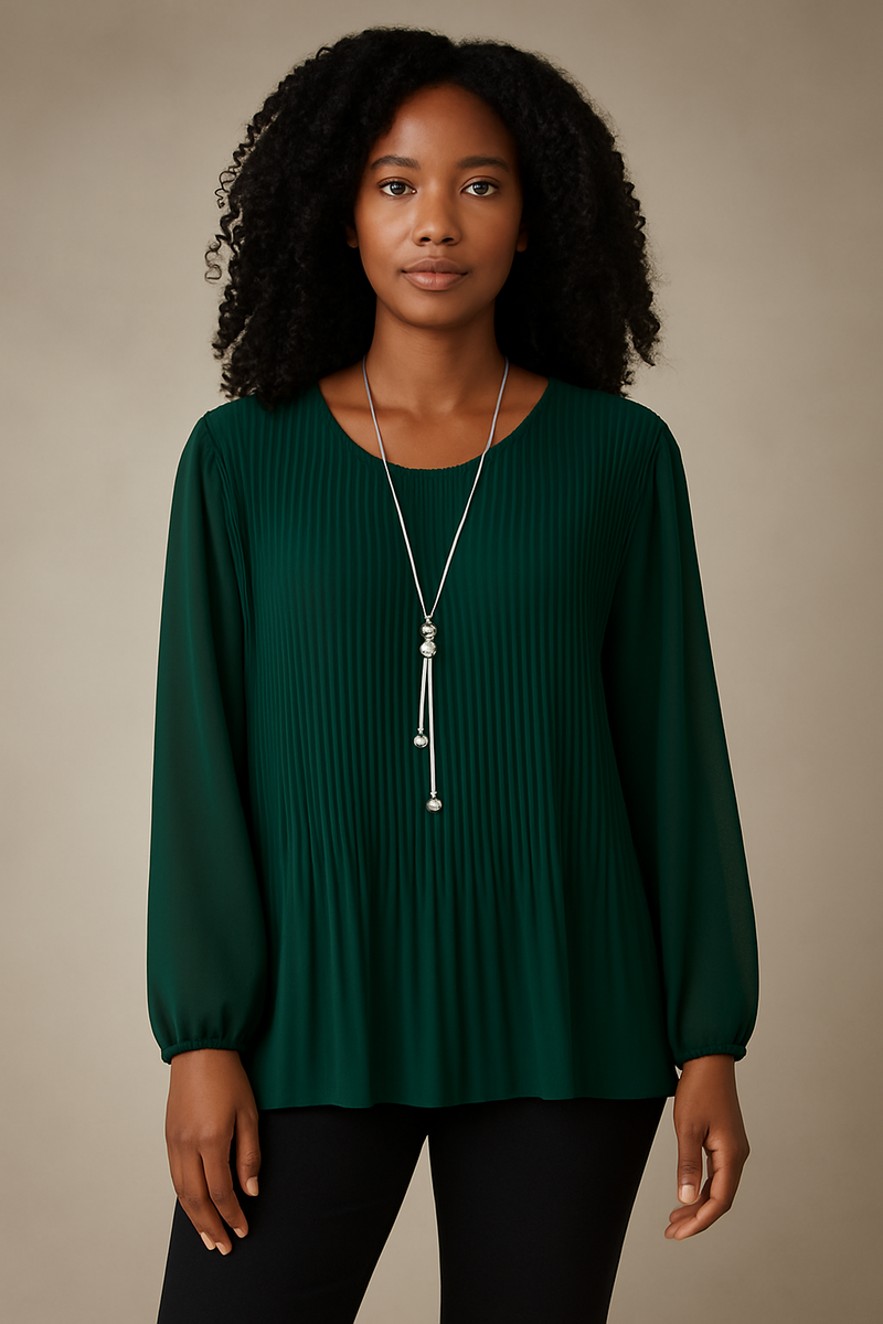 Oversized Long Sleeves Pleated Top with Tulle Details in Green with Necklace