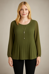 Oversized Long Sleeves Pleated Top with Tulle Details in Khaki with Necklace