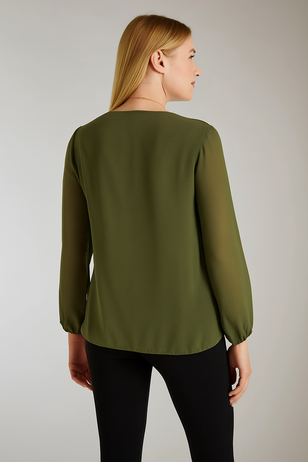 Oversized Long Sleeves Pleated Top with Tulle Details in Khaki with Necklace