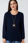 Oversized Long Sleeves Pleated Top with Tulle Details in Navy with Necklace