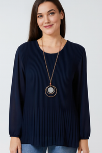 Oversized Long Sleeves Pleated Top with Tulle Details in Navy with Necklace