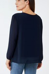 Oversized Long Sleeves Pleated Top with Tulle Details in Navy with Necklace