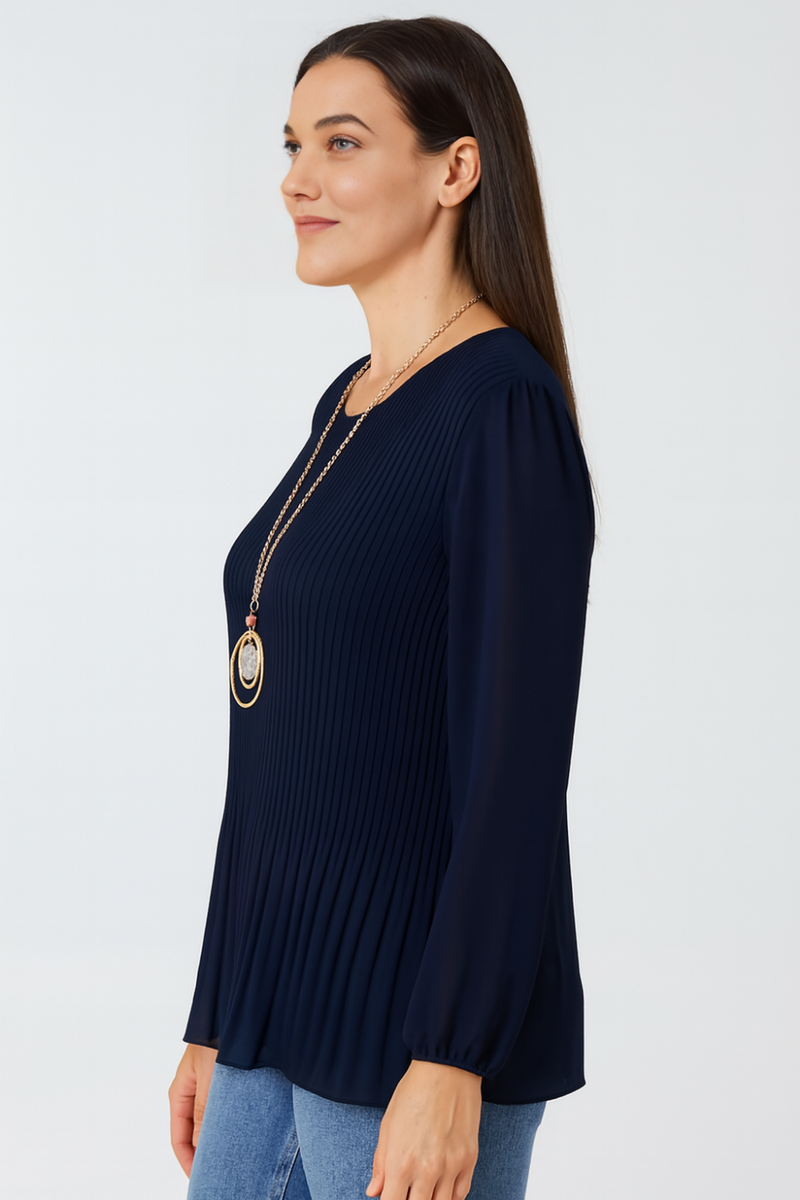 Oversized Long Sleeves Pleated Top with Tulle Details in Navy with Necklace