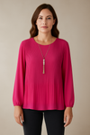 Oversized Long Sleeves Pleated Top with Tulle Details in Pink with Necklace