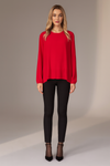 Oversized Long Sleeves Pleated Top with Tulle Details in Red with Necklace