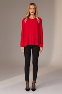 Oversized Long Sleeves Pleated Top with Tulle Details in Red with Necklace