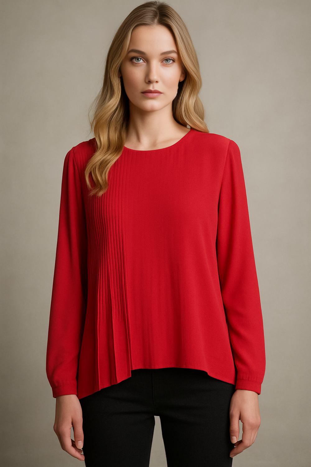 Oversized Long Sleeves Pleated Top with Tulle Details in Red with Necklace