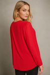 Oversized Long Sleeves Pleated Top with Tulle Details in Red with Necklace