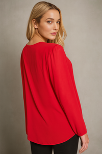 Oversized Long Sleeves Pleated Top with Tulle Details in Red with Necklace