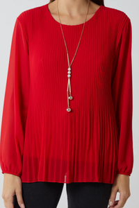 Oversized Long Sleeves Pleated Top with Tulle Details in Red with Necklace