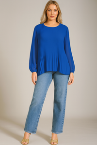 Oversized Long Sleeves Pleated Top with Tulle Details in Royal Blue with Necklace