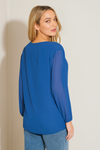 Oversized Long Sleeves Pleated Top with Tulle Details in Royal Blue with Necklace