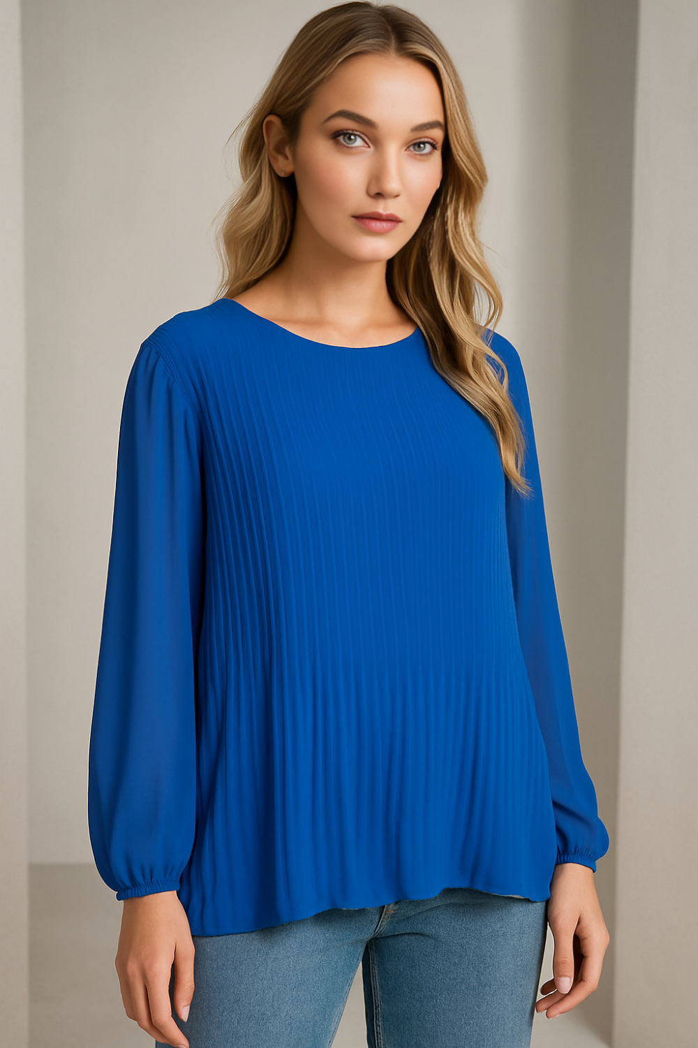 Oversized Long Sleeves Pleated Top with Tulle Details in Royal Blue with Necklace