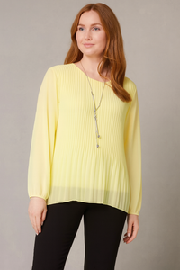 Oversized Long Sleeves Pleated Top with Tulle Details in Yellow with Necklace