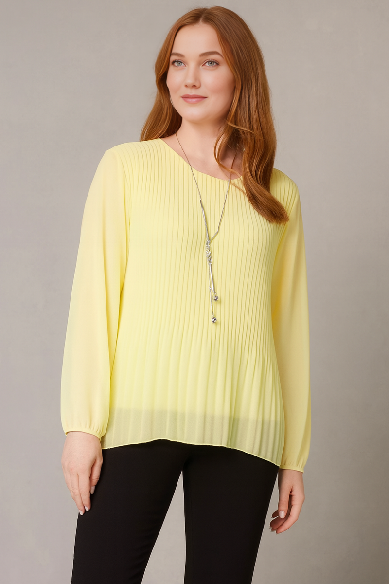 Oversized Long Sleeves Pleated Top with Tulle Details in Yellow with Necklace