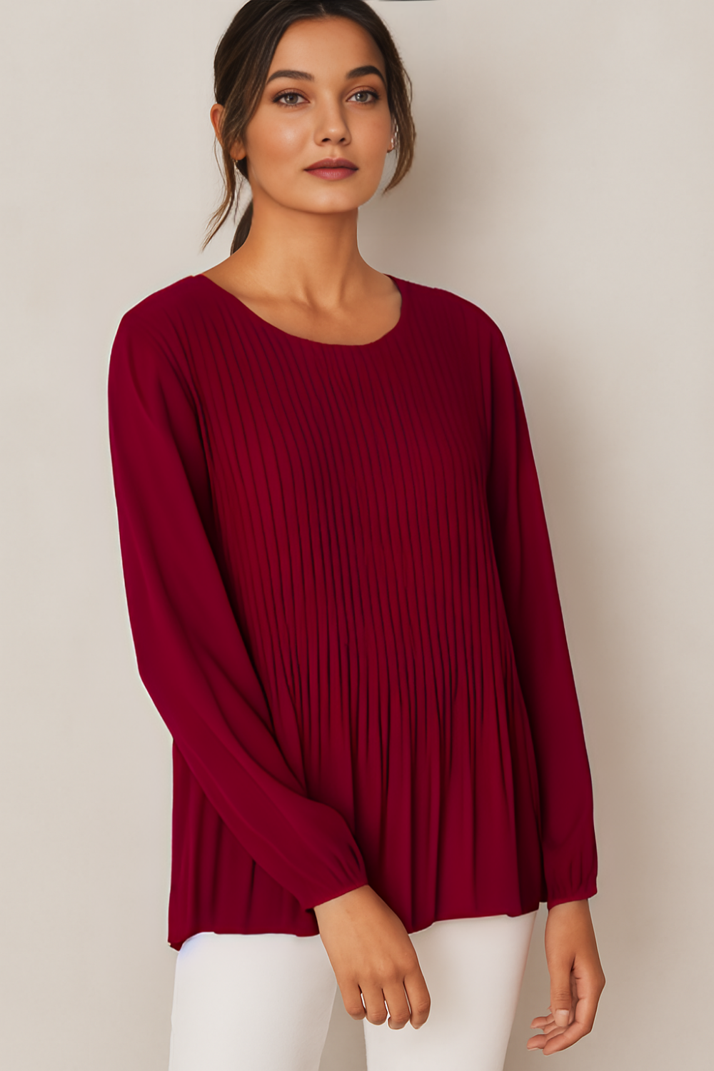 Oversized Long Sleeves Pleated Top with Tulle Details in Burgundy with Necklace