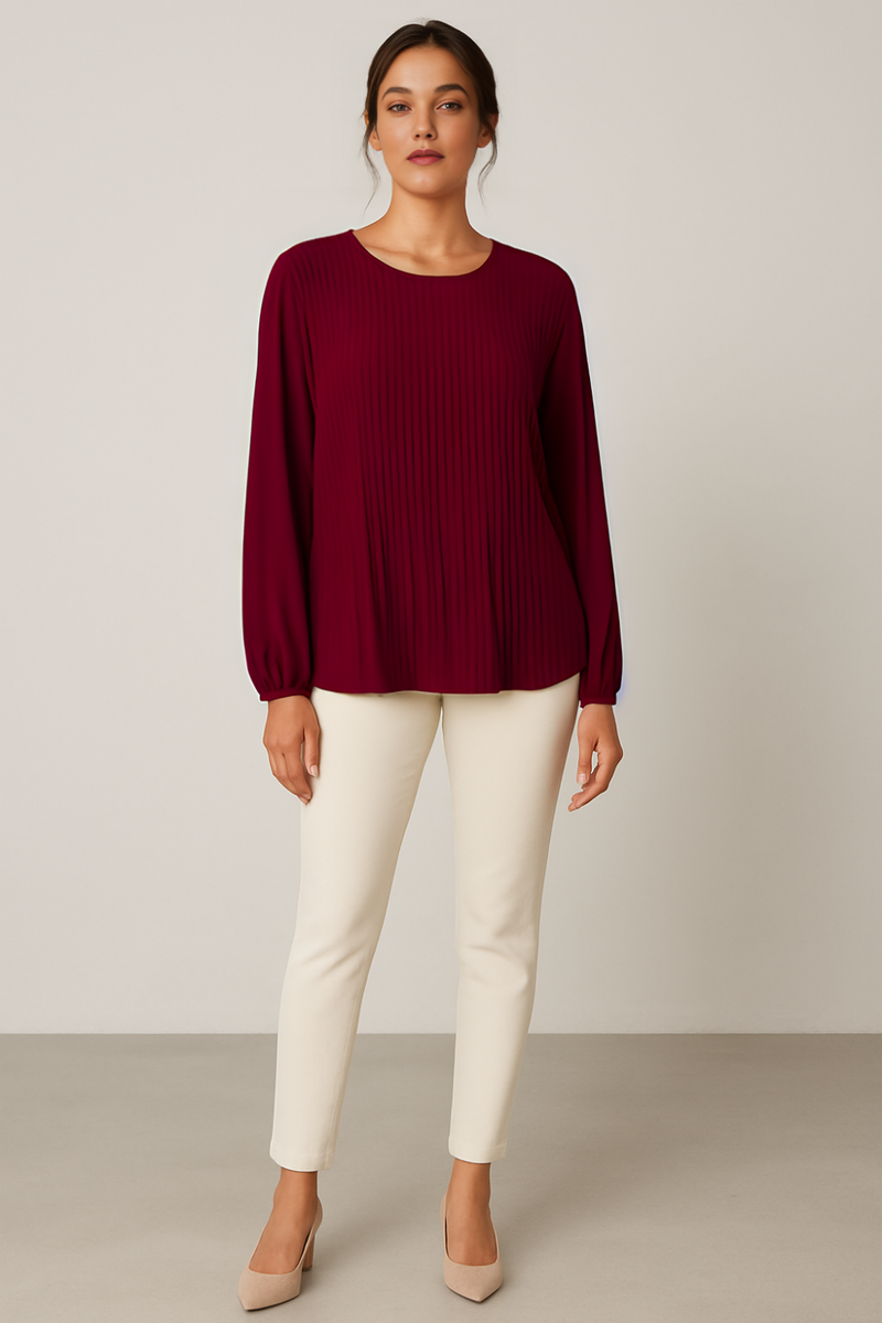 Oversized Long Sleeves Pleated Top with Tulle Details in Burgundy with Necklace